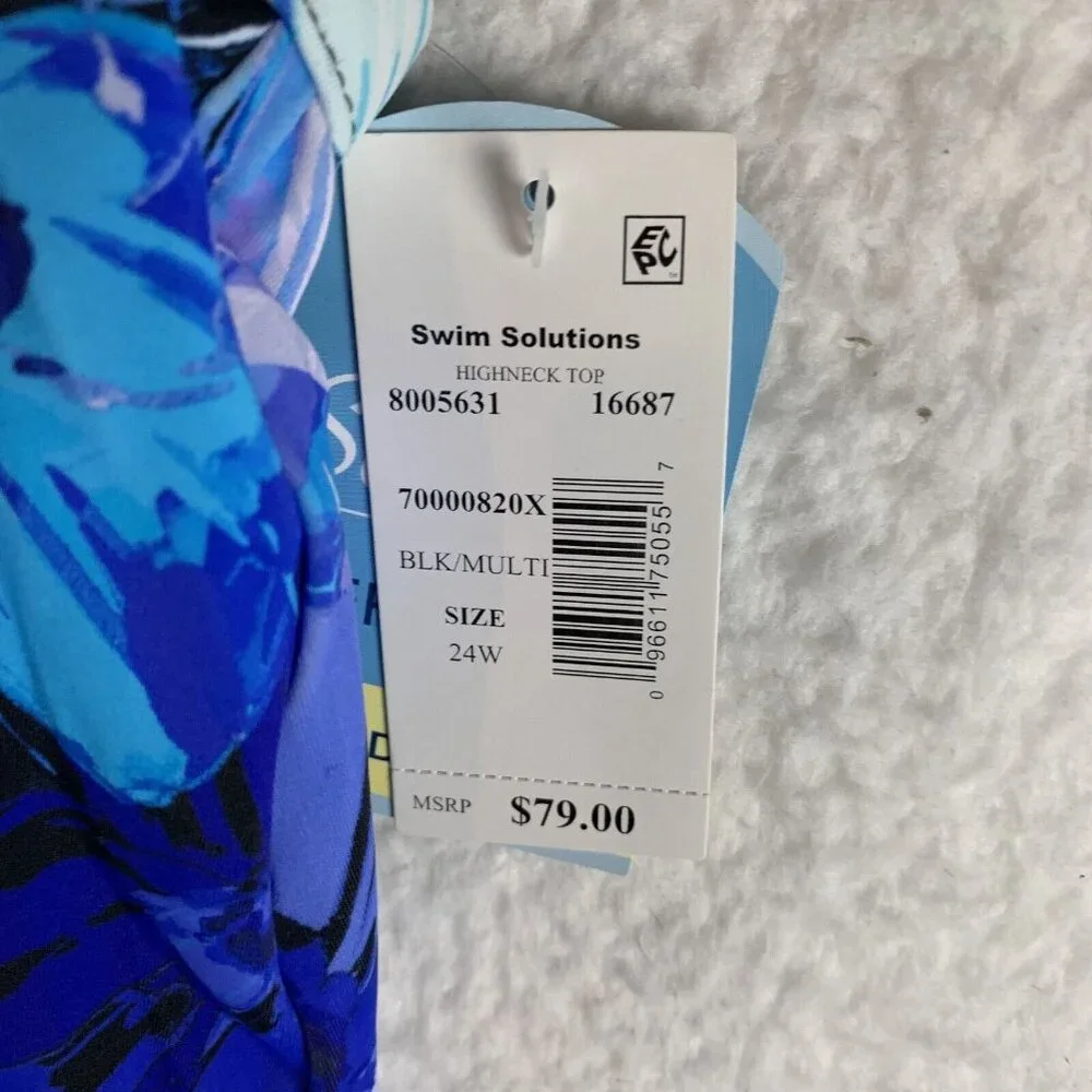 Swim‎ Solutions High-Neck Tankini Top Women's 24W Blue Floral Underwire Swimwear
